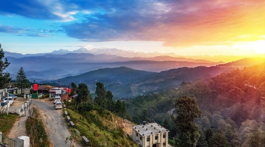 Himalaya sunrise with barren mountain range at Kausani Uttarakhand India